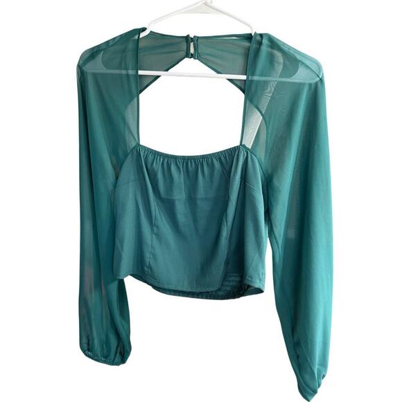 Express Square Neck Cut-Out Back Blouson Sleeve Top M Green Smocked Crop Fairy - Picture 1 of 8